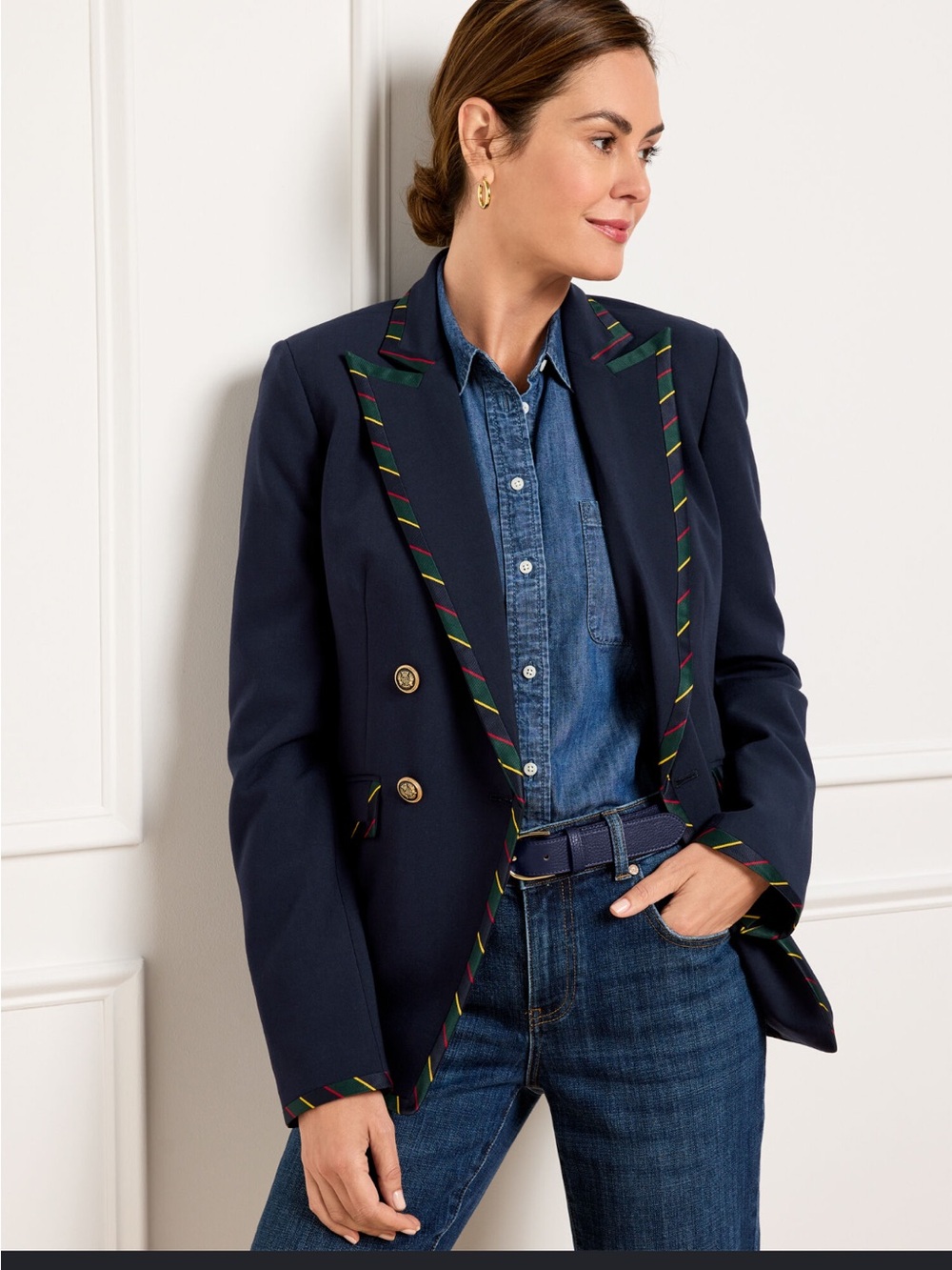 Talbots Navy ribbon trim Blazer with Gold Crest Button size 2 NWOT